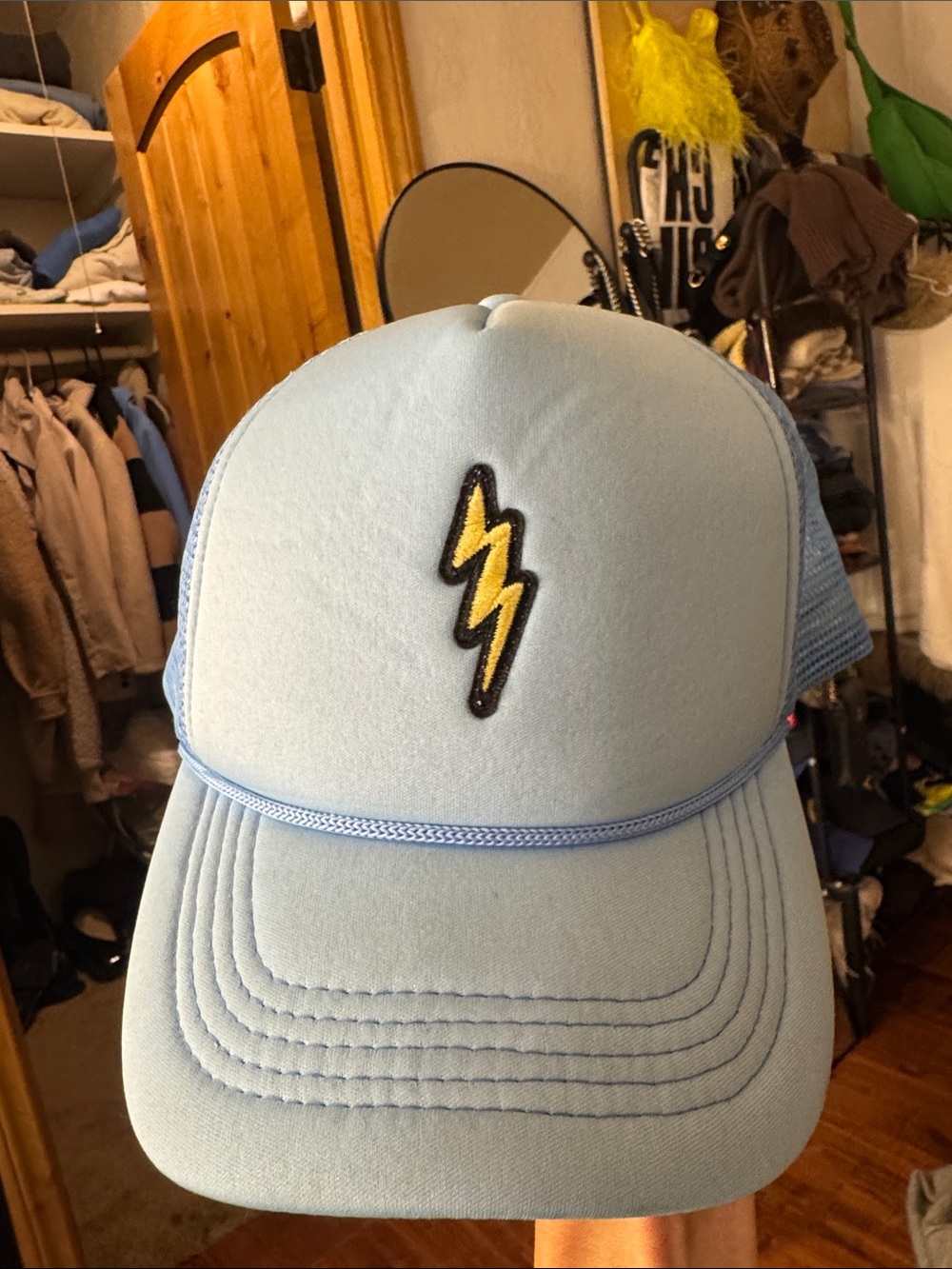 Light Blue Trucker Hat with Yellow Lightning Patch
